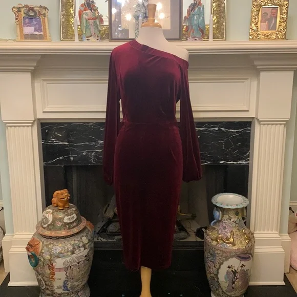 XPLUS WEAR | Dresses | Nwt Xplus Wear Luxurious Burgundy Velvet One Shoulder  Long Sleeve Fitted Dress | Poshmark